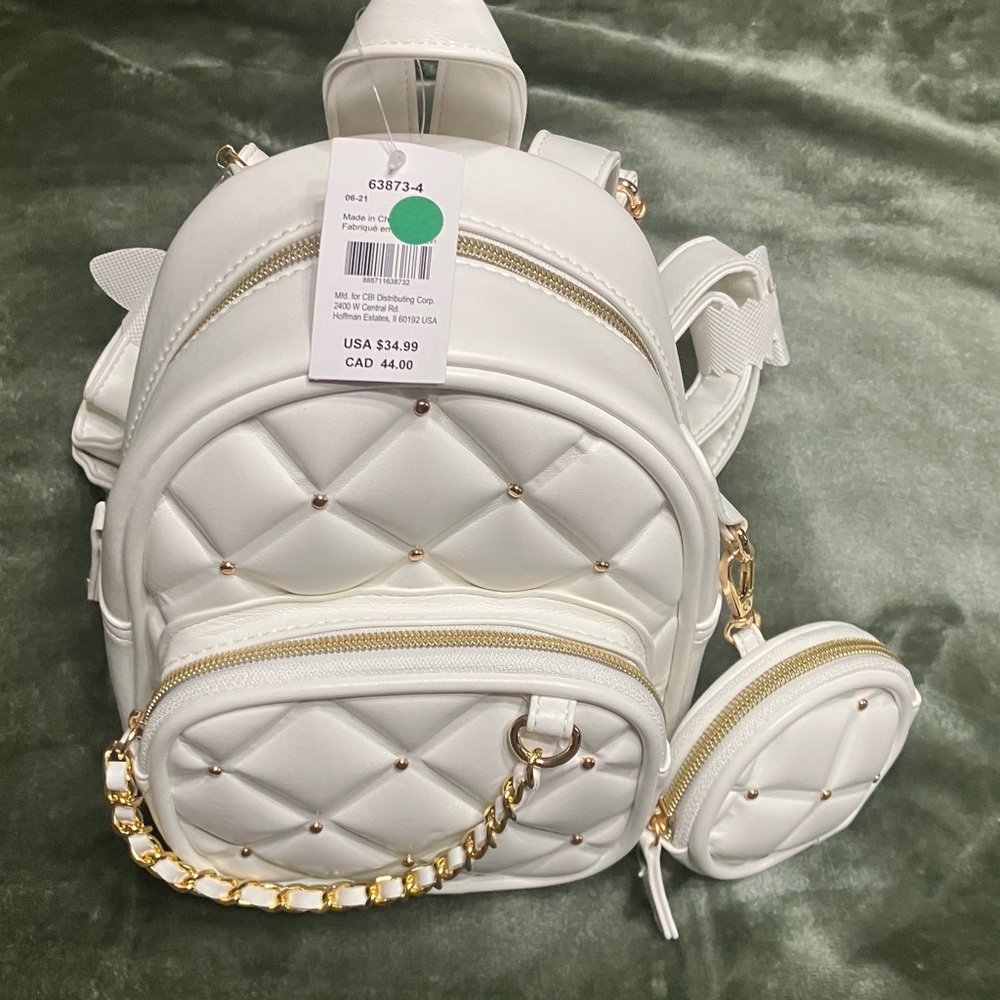 White Quilted Mini Backpack with Gold Hardware